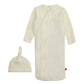 The Magnetic Me Love Lines Gown + Hat Set features a cream organic cotton infant sleeper gown adorned with vertical stripes, complemented by a matching knotted hat. This ensemble from Magnetic Me is perfect for newborns, combining comfort with style.