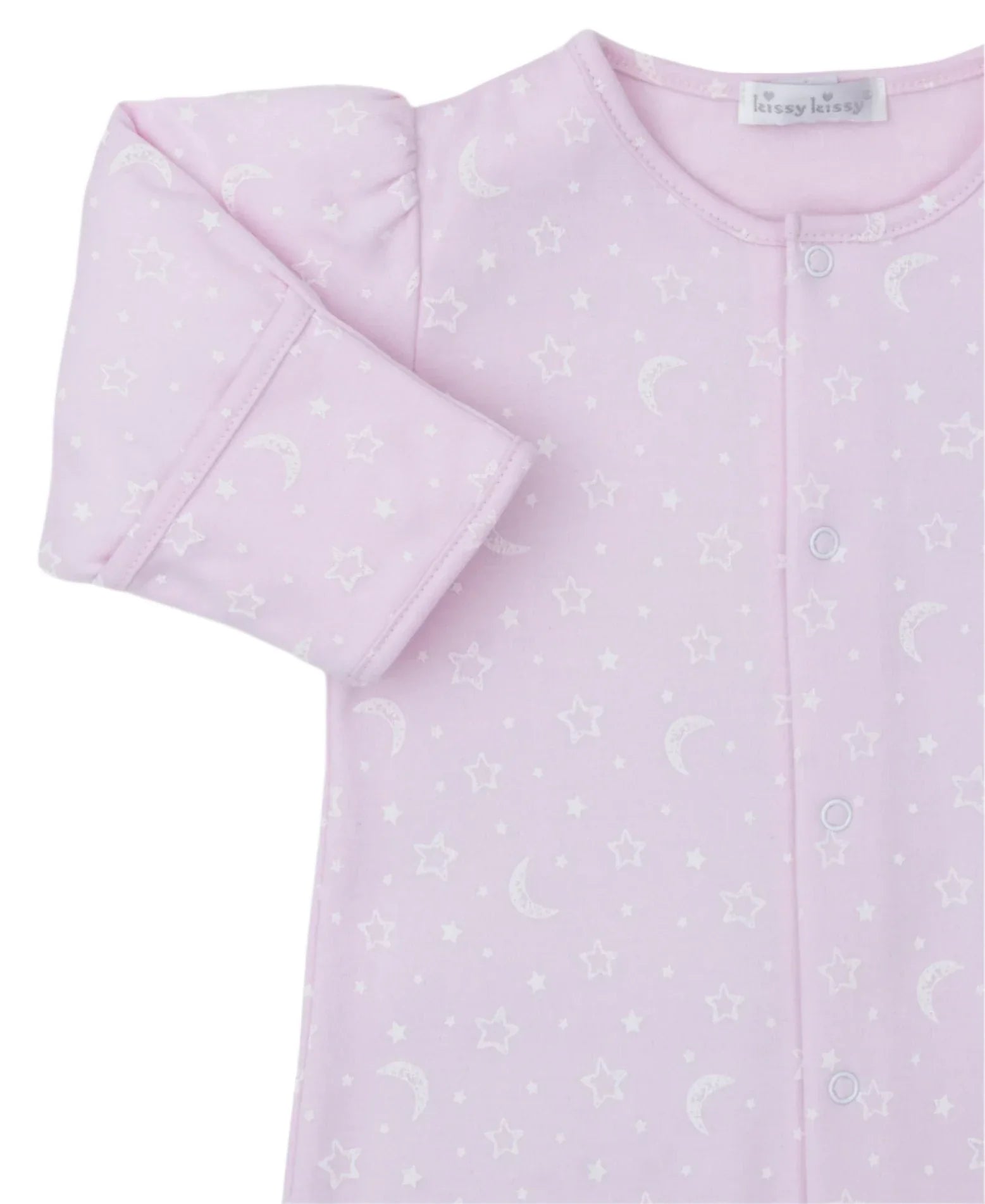 The Kissy Kissy Crescent Moonlight Printed Convertible Gown is a charming baby garment crafted by the renowned brand, Kissy Kissy. Made from soft Pima cotton, it features a delightful crescent moon and star pattern. This adorable piece includes convenient snap buttons and long sleeves, providing both cozy comfort and practicality.