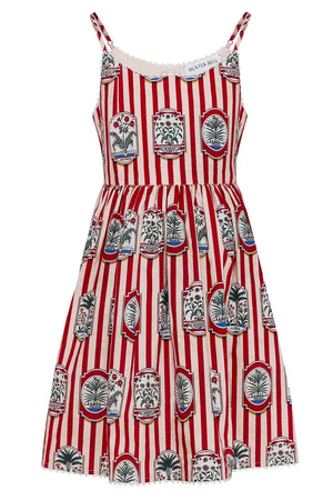 The Girls' Grace Dress by Hunter Bell NYC is sleeveless with red and white vertical stripes, plant and vase motifs, thin shoulder straps, and a fit-and-flare silhouette.