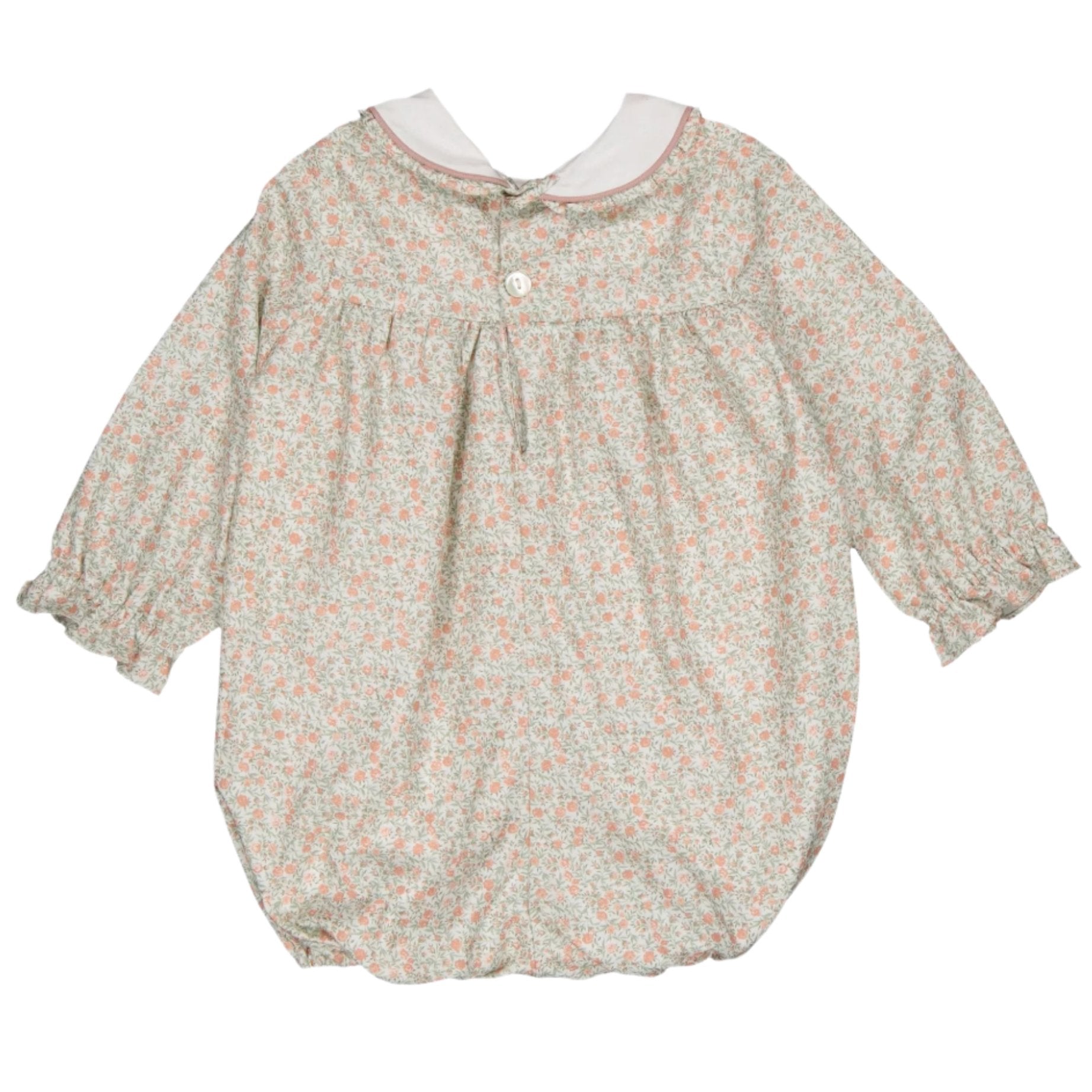 The Kidiwi Gracie Baby Girl Romper by Kidiwi is a floral romper designed with long sleeves and an enchanting Peter Pan collar, complete with a button closure on the back.