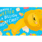 A vibrant depiction of a cheerful cartoon lion surrounded by an array of cakes, featuring the phrase "My Grandpa Is Grand!" on a vivid blue backdrop, ideal for an Abrams board book.