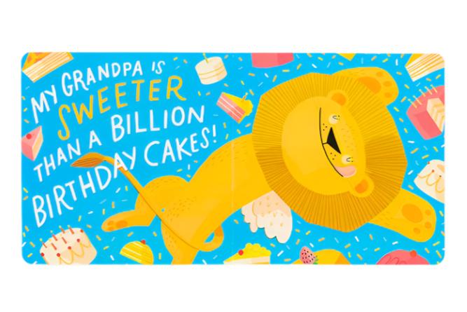 A vibrant depiction of a cheerful cartoon lion surrounded by an array of cakes, featuring the phrase "My Grandpa Is Grand!" on a vivid blue backdrop, ideal for an Abrams board book.