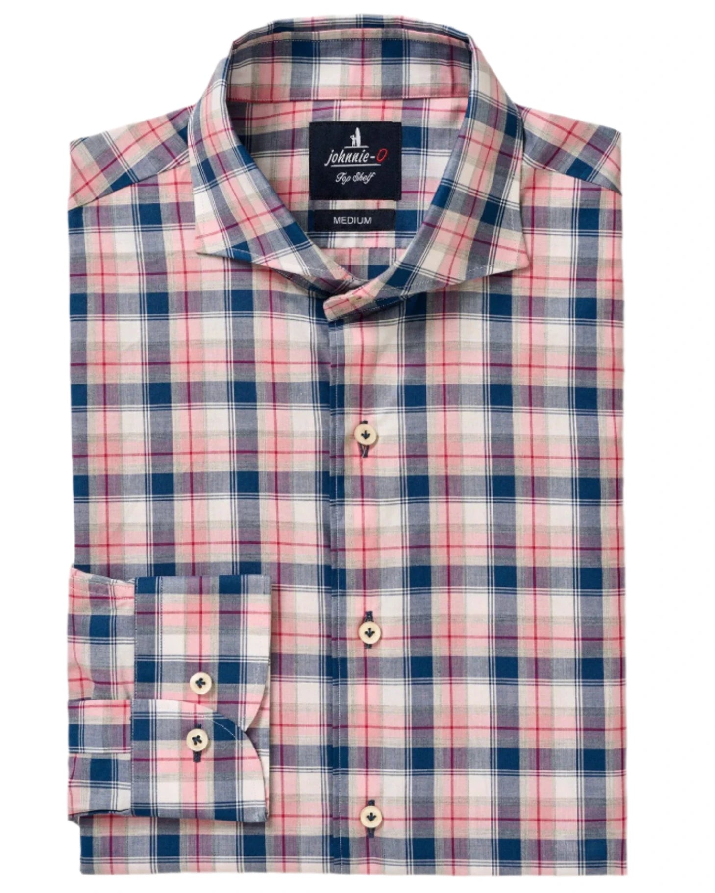 The Johnnie-O Granger Button Down is a medium-sized, folded long-sleeve button-up crafted from luxe cotton with a pink, blue, and white plaid pattern. It features standard buttons and a distinctive British cutaway collar.