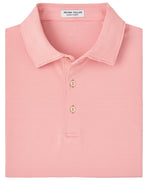 Folded pink and white striped Peter Millar Jubilee Performance Jersey Polo with a collar, two buttons, and "Peter Millar" label visible inside the neck. Features UPF 50+ sun protection and odor-resistance.