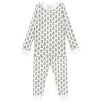 The Kids' Grayson Pajama Pant Set by Lila & Hayes features long sleeves, full-length Peruvian cotton, a festive Christmas tree pattern, and white cuffs.