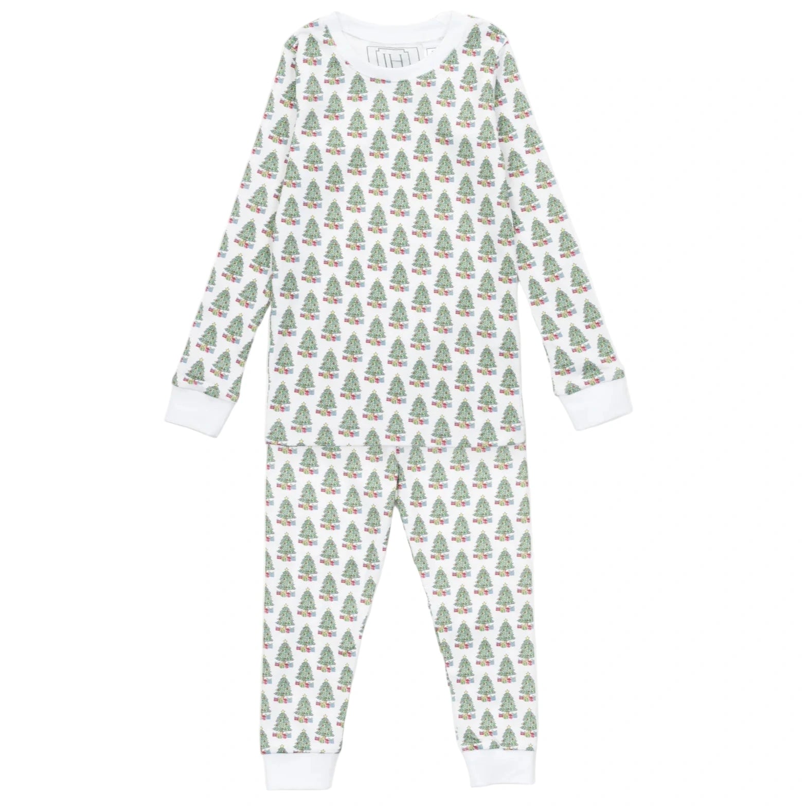 The Kids' Grayson Pajama Pant Set by Lila & Hayes features long sleeves, full-length Peruvian cotton, a festive Christmas tree pattern, and white cuffs.