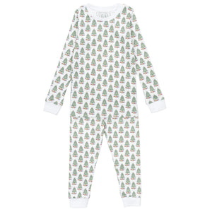 The Kids' Grayson Pajama Pant Set by Lila & Hayes features long sleeves, full-length Peruvian cotton, a festive Christmas tree pattern, and white cuffs.