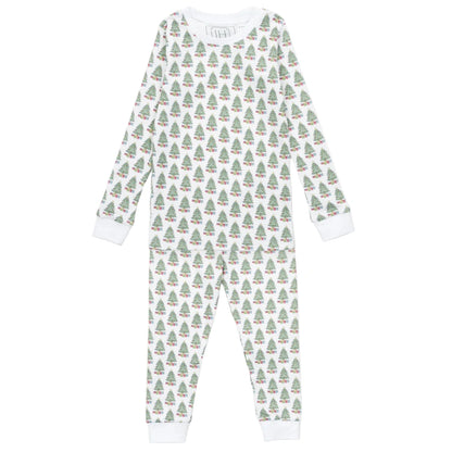 The Kids' Grayson Pajama Pant Set by Lila & Hayes features long sleeves, full-length Peruvian cotton, a festive Christmas tree pattern, and white cuffs.