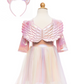 The Great Pretenders Alicorn Dress with Wings and Headband features magical wings, an iridescent top, a pastel tulle skirt, and a unicorn headband with ears and flowers, all beautifully displayed on a mannequin.
