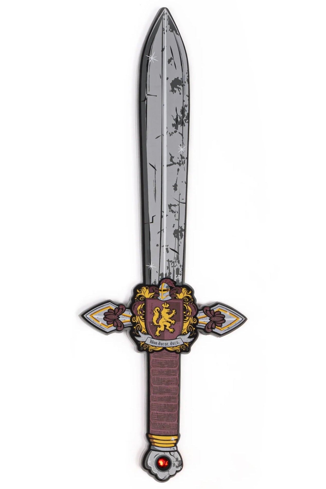 The Knights Honor Foam Sword by Great Pretenders features an illustrated medieval design with a weathered gray blade, an ornate gold and burgundy crossguard adorned with a lion crest, a wrapped handle, and a red gemstone pommel—perfect for imaginative play or as inspiration for dress-up adventures.