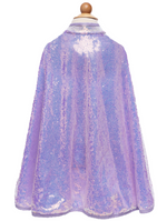 A shimmering, lightweight Great Pretenders Sequins Cape in lilac color on a mannequin against a white background.