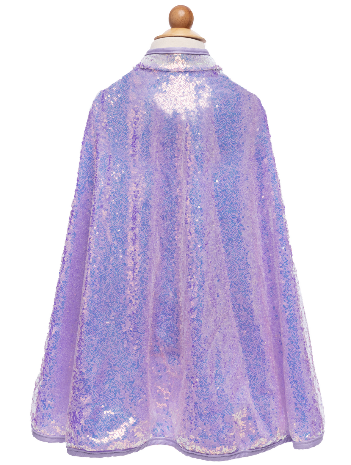 A shimmering, lightweight Great Pretenders Sequins Cape in lilac color on a mannequin against a white background.