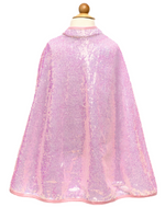 A pink, glittery Great Pretenders Sequins Cape displayed on a mannequin against a white background.