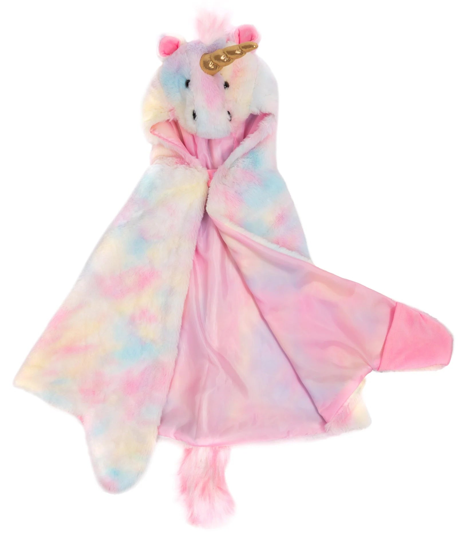 The Great Pretenders Unicorn Cuddle Cape is a pastel rainbow unicorn hooded blanket designed as a plush faux fur cape, featuring soft fabric, a gold horn, ears, and a pink satin lining.