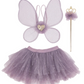 The Royal Fairy Princess Skirt Set by Great Pretenders features delicate wings, a glittery tutu skirt, and a wand adorned with a flower and gold crown decoration, displayed on a white background—perfect for girls’ fairy costume dress up.