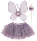 The Royal Fairy Princess Skirt Set by Great Pretenders features delicate wings, a glittery tutu skirt, and a wand adorned with a flower and gold crown decoration, displayed on a white background—perfect for girls’ fairy costume dress up.