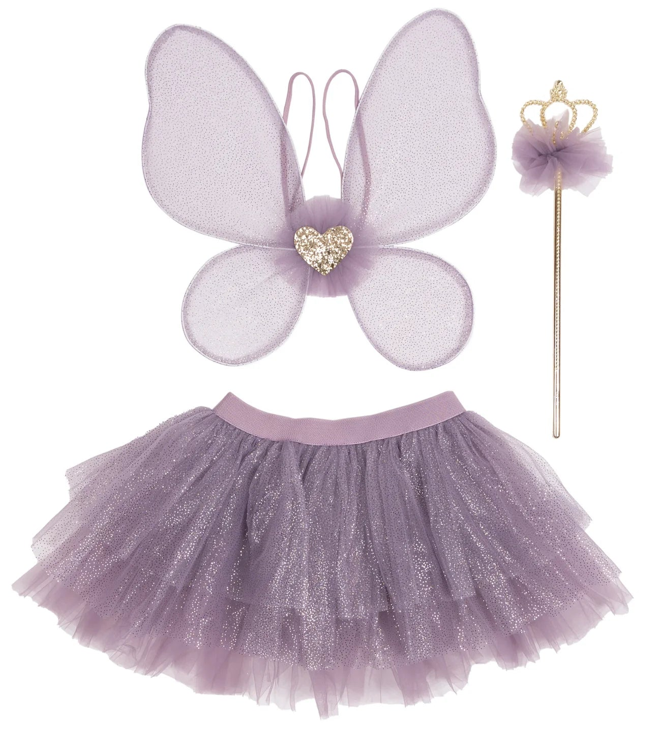 The Royal Fairy Princess Skirt Set by Great Pretenders features delicate wings, a glittery tutu skirt, and a wand adorned with a flower and gold crown decoration, displayed on a white background—perfect for girls’ fairy costume dress up.