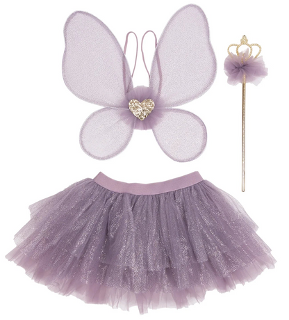 The Royal Fairy Princess Skirt Set by Great Pretenders features delicate wings, a glittery tutu skirt, and a wand adorned with a flower and gold crown decoration, displayed on a white background—perfect for girls’ fairy costume dress up.