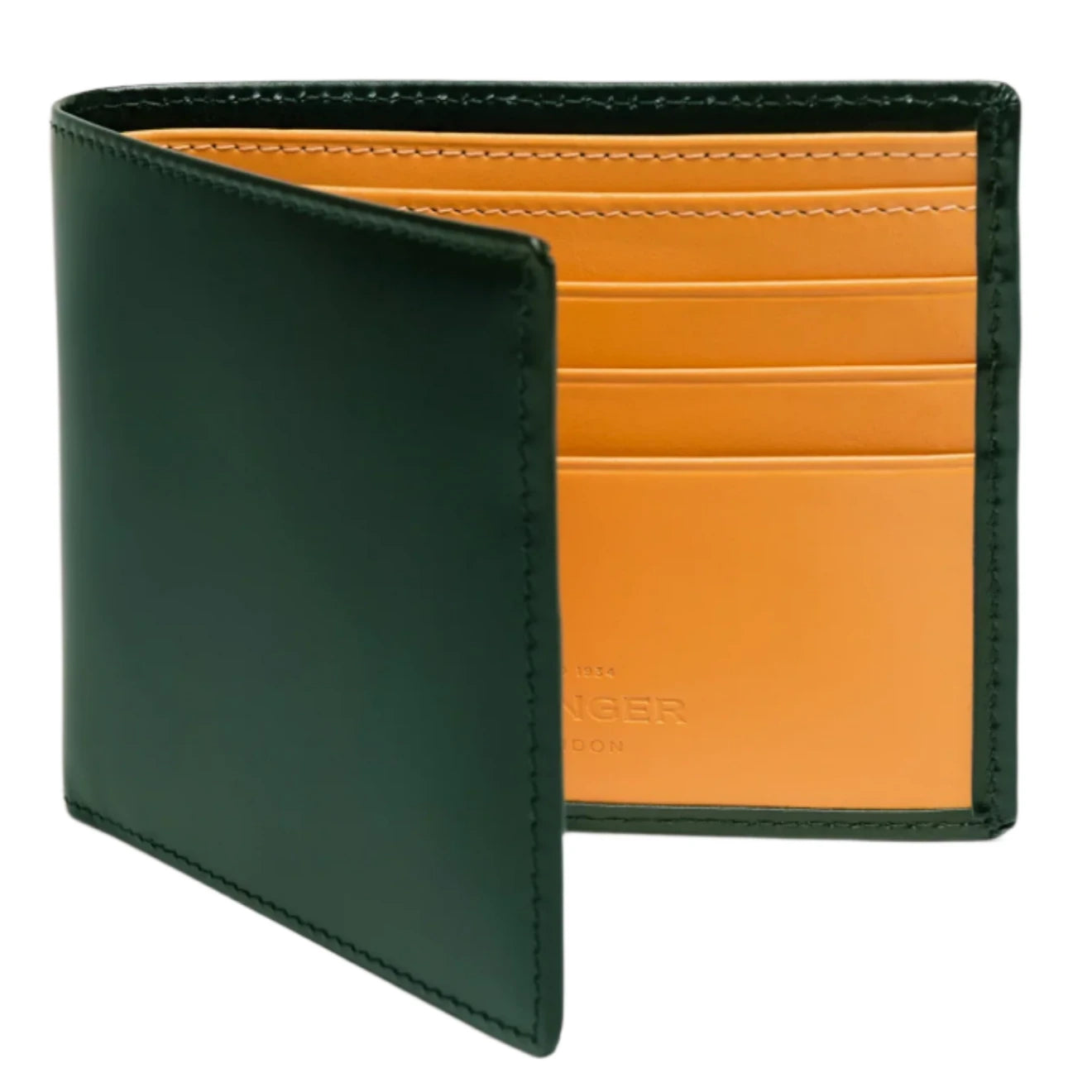 The Ettinger Bridle Billfold 6 Credit Card Wallet, a creation by Ettinger, showcases refined elegance with its green exterior made from English bridle leather and a mustard interior, featuring multiple card slots.