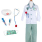 Introducing the Great Pretenders Green Doctor Set with Accessories: a child's dress-up set featuring a doctor's costume complete with a white coat, green pants, stethoscope, syringe, thermometer, mask, and a medicine bag—all beautifully displayed on a mannequin. Perfect for inspiring imaginative play as young ones transform into play doctors!
