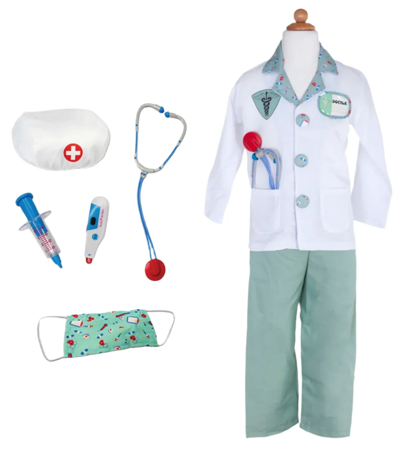 Introducing the Great Pretenders Green Doctor Set with Accessories: a child's dress-up set featuring a doctor's costume complete with a white coat, green pants, stethoscope, syringe, thermometer, mask, and a medicine bag—all beautifully displayed on a mannequin. Perfect for inspiring imaginative play as young ones transform into play doctors!