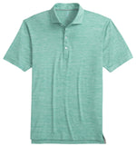 A Johnnie-O Huronn Featherweight Polo in green, featuring short sleeves, a collar with three buttons on the placket, and UPF 50 sun protection.