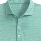 Close-up of a light green, short-sleeve, collared Johnnie-O Huronn Featherweight Polo with three buttons on the placket.