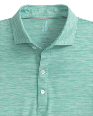 Close-up of a light green, short-sleeve, collared Johnnie-O Huronn Featherweight Polo with three buttons on the placket.