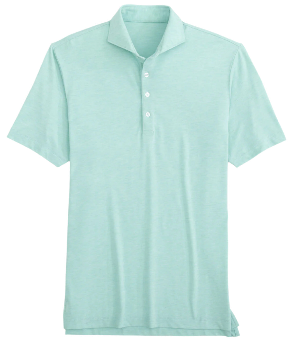 The Johnnie-O Idris Polo by Johnnie-O is a light teal short-sleeve shirt made from lightweight fabric, features a collar and three buttons down the front, and offers UPF 50 protection.