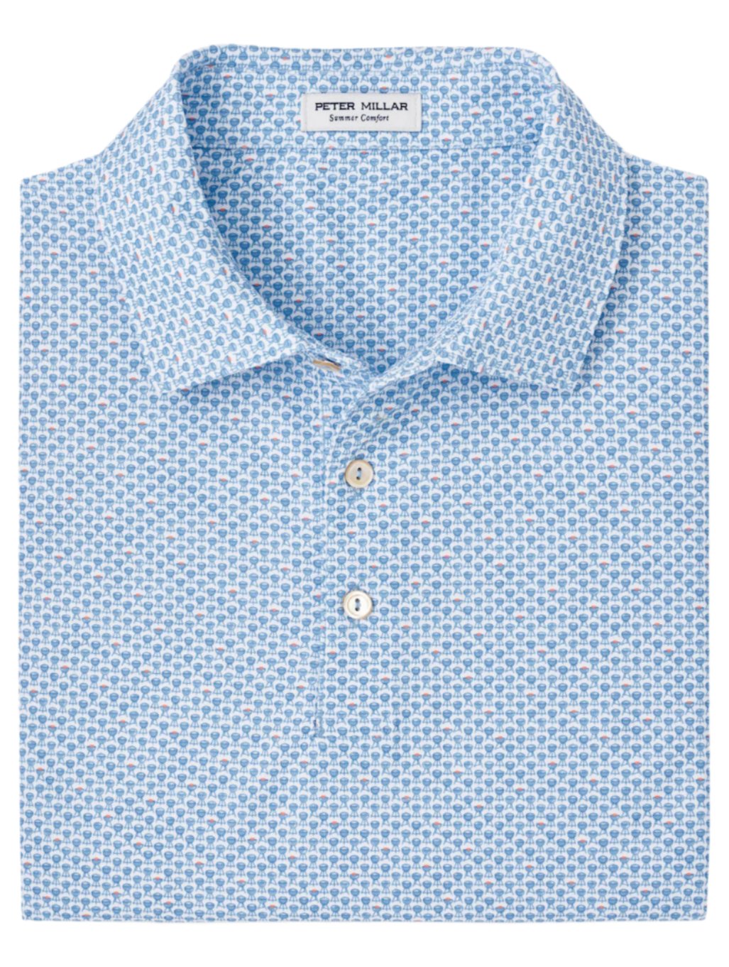 A folded Peter Millar Grill and Chill Performance Mesh Polo in a blue pattern, designed with Summer Comfort fabrication, featuring a pointed collar and three buttons.