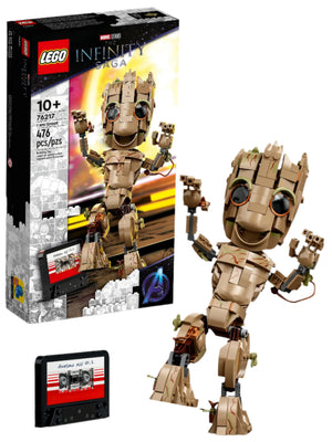 Explore the LEGO® Marvel I am Groot set from Legos - Toyhouse, showcasing a buildable figure of Baby Groot from Guardians of the Galaxy. This charming piece from Marvel's Infinity Saga includes a cassette tape illustration on the packaging, perfectly capturing the essence of this beloved character.