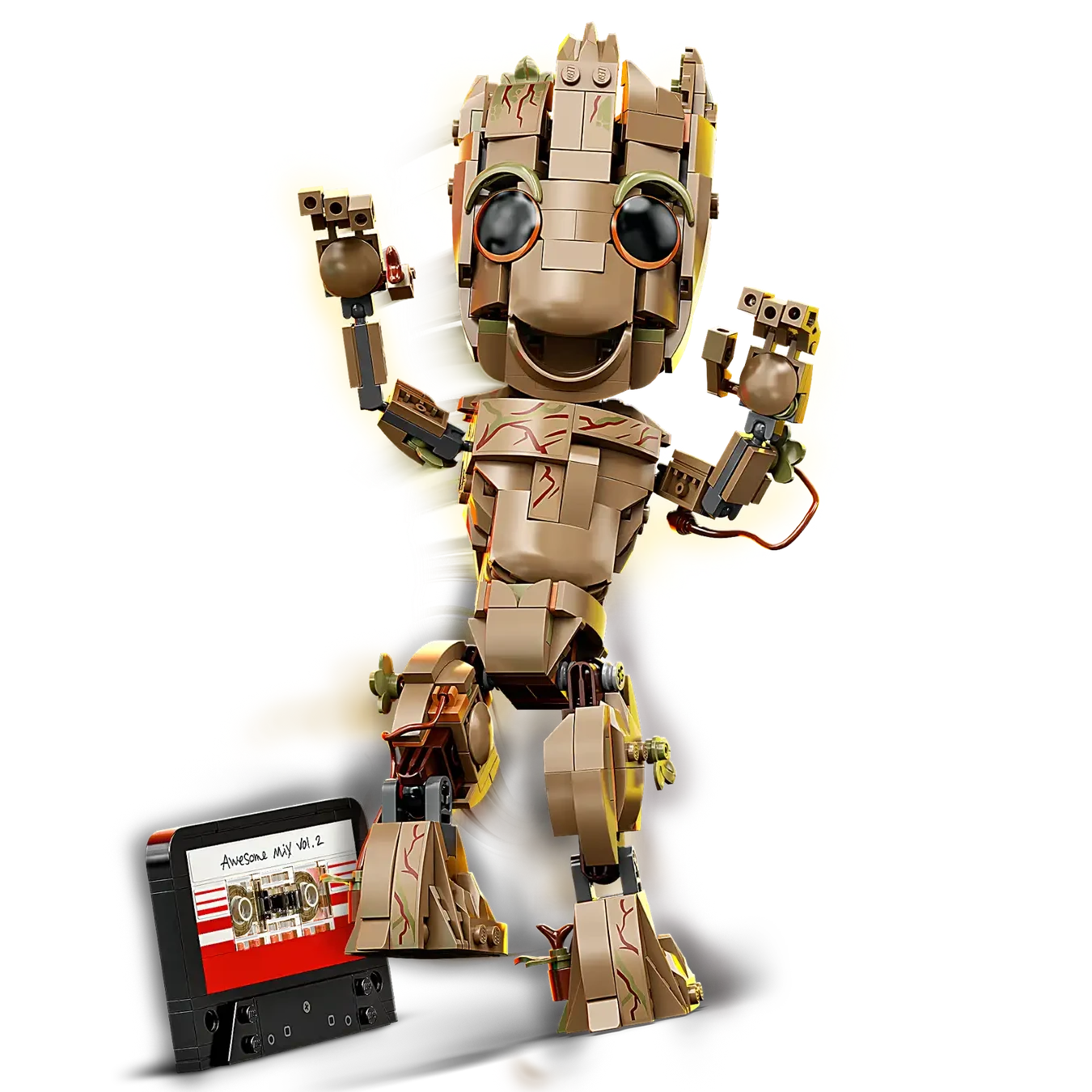 The LEGO® Marvel I am Groot set by Legos - Toyhouse showcases Baby Groot from Guardians of the Galaxy with expressive eyes and intricate details, posed playfully alongside a cassette tape.