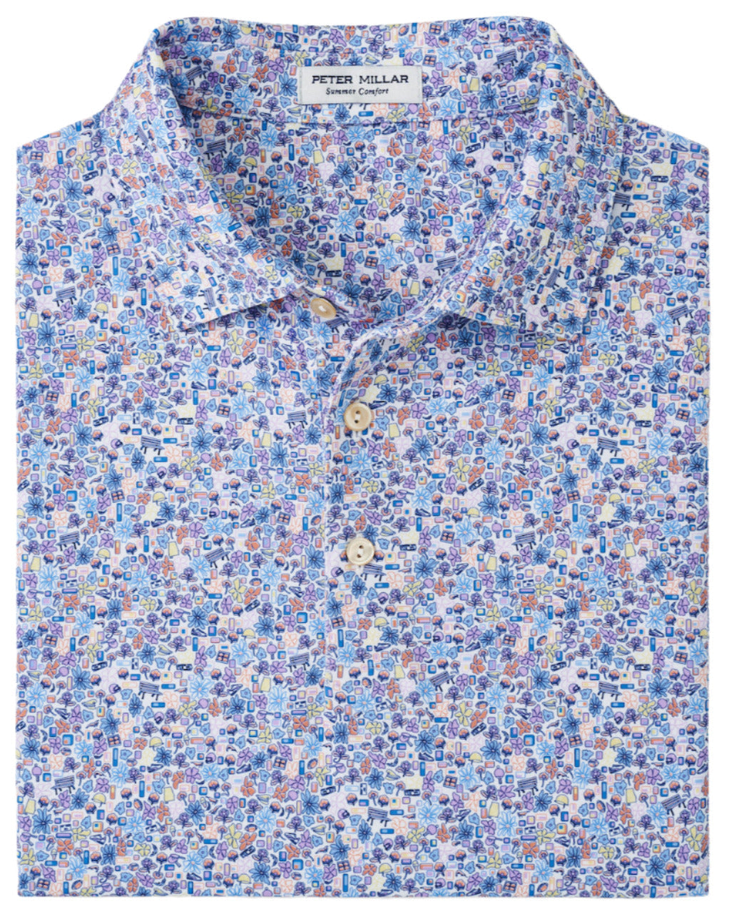 A folded Peter Millar Groovy Performance Jersey Polo with a colorful, intricate pattern, featuring a Peter Millar label on the inside collar and crafted from four-way stretch performance jersey fabric for UPF 50+ protection.