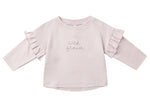 The Quincy Mae Baby Girls' and Girls' Ruffle Long Sleeve Tee features charming sleeve ruffles and "wild flower" embroidery on the front, in cozy light pink—perfect for toddlers.