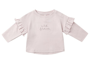 The Quincy Mae Baby Girls' and Girls' Ruffle Long Sleeve Tee features charming sleeve ruffles and "wild flower" embroidery on the front, in cozy light pink—perfect for toddlers.