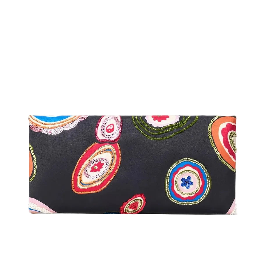 Introducing the Staud Muse Beaded Clutch—a rectangular evening bag featuring a black background adorned with colorful concentric ovals in red, pink, green, and blue. Its compact silhouette makes it the ideal accessory to elevate your look for any special occasion.