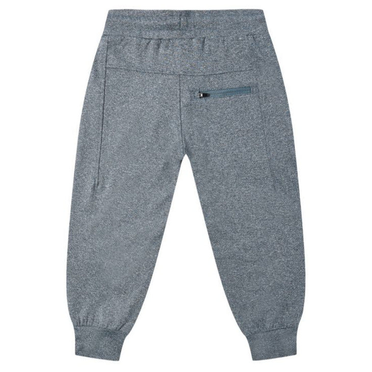Back view of the Boys' Century Tech Jogger by Rylee & Cru, featuring a relaxed fit, elastic waistband, side pockets, and a zippered back pocket, laid flat on a white background.