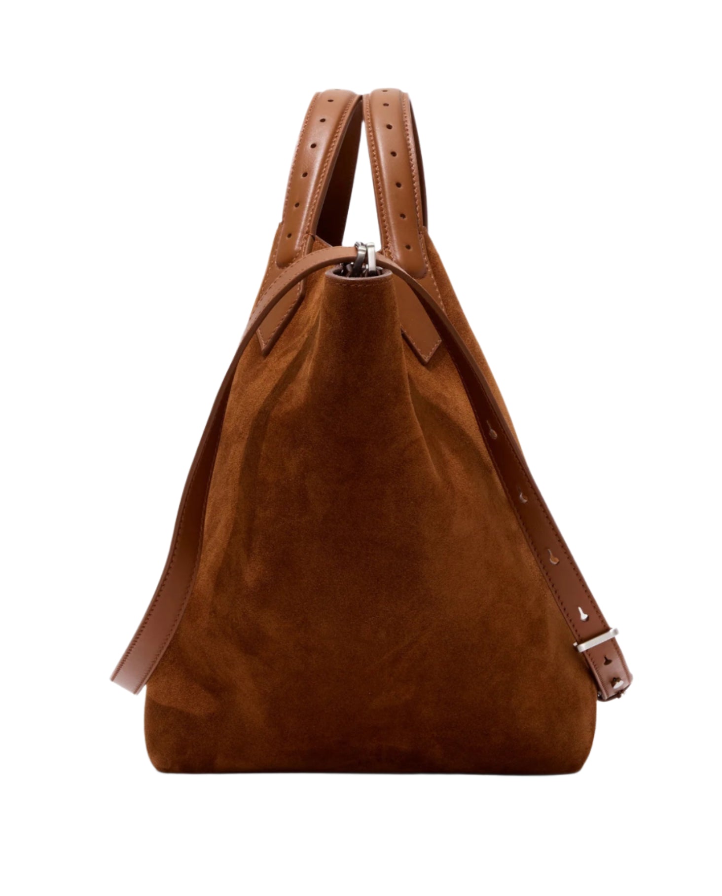 The Proenza Schouler Chelsea Large Soft Suede Tote in brown features leather accents and an adjustable shoulder strap, standing upright on a white background to highlight its elegant design and functionality.