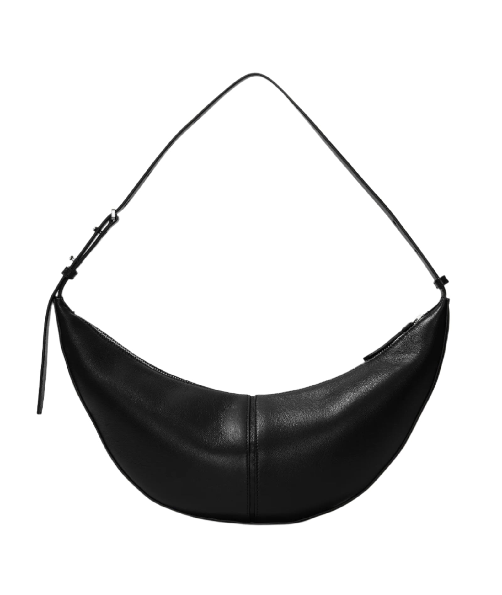 The Proenza Schouler Slide Bag is a black, crescent-shaped accessory made of supple leather, featuring a slender adjustable strap and zipper closure.