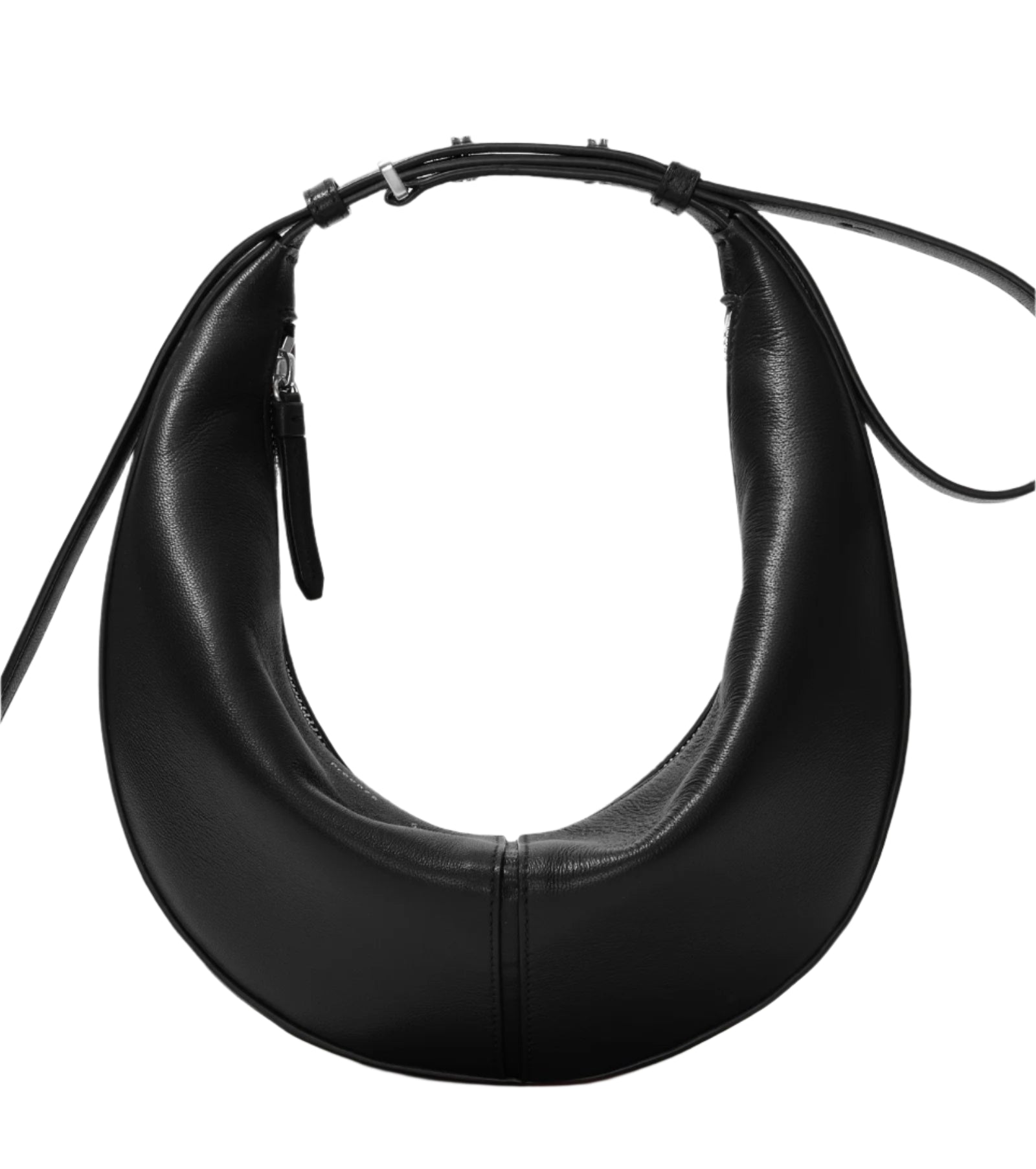 The Proenza Schouler Slide Bag is a black crescent-shaped leather shoulder bag with a long adjustable strap and secure zipper closure from Proenza Schouler.