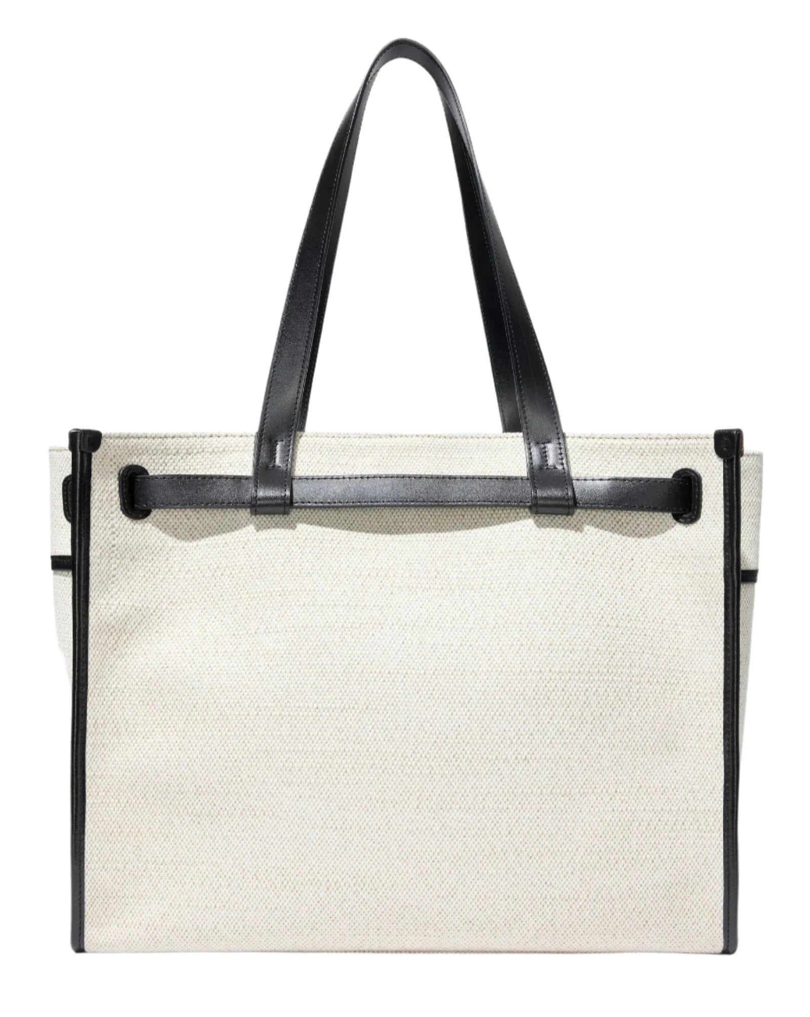 The Proenza Schouler Belted Canvas Tote by Proenza Schouler is a rectangular beige canvas bag with black leather handles and trim, featuring a minimalist design and elegantly embroidered monogram.