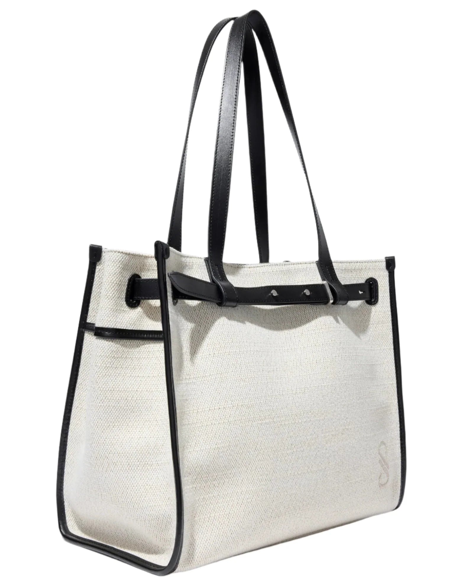 The Proenza Schouler Belted Canvas Tote is a rectangular, white bag featuring black leather straps and trim. This structured tote also includes a small embroidered monogram "S" on the lower right corner.