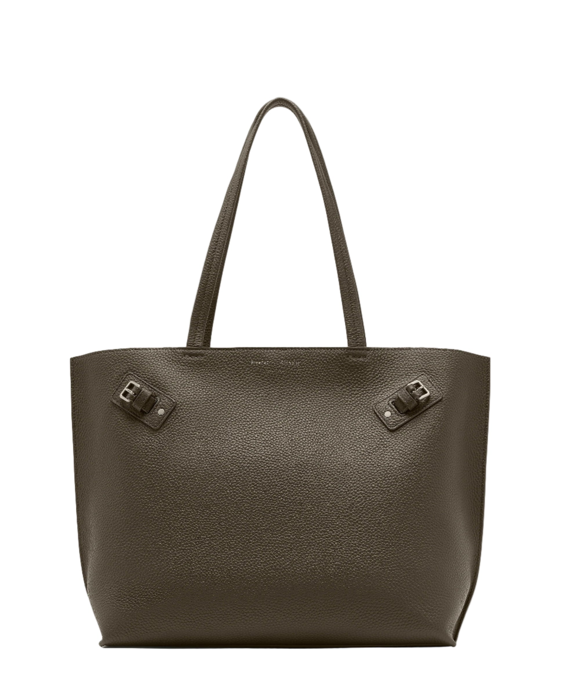The Proenza Schouler Days Pebbled Calf Skin Tote features textured brown calfskin, two shoulder straps, and buckle details near the top corners, displayed against a white background.