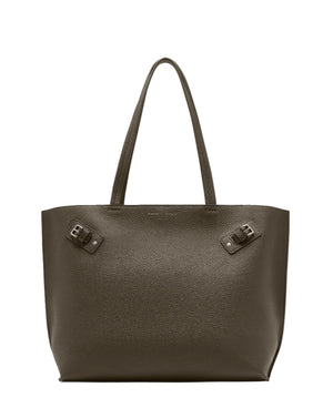The Proenza Schouler Days Pebbled Calf Skin Tote features textured brown calfskin, two shoulder straps, and buckle details near the top corners, displayed against a white background.