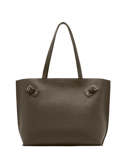 The Proenza Schouler Days Pebbled Calf Skin Tote features textured brown calfskin, two shoulder straps, and buckle details near the top corners, displayed against a white background.