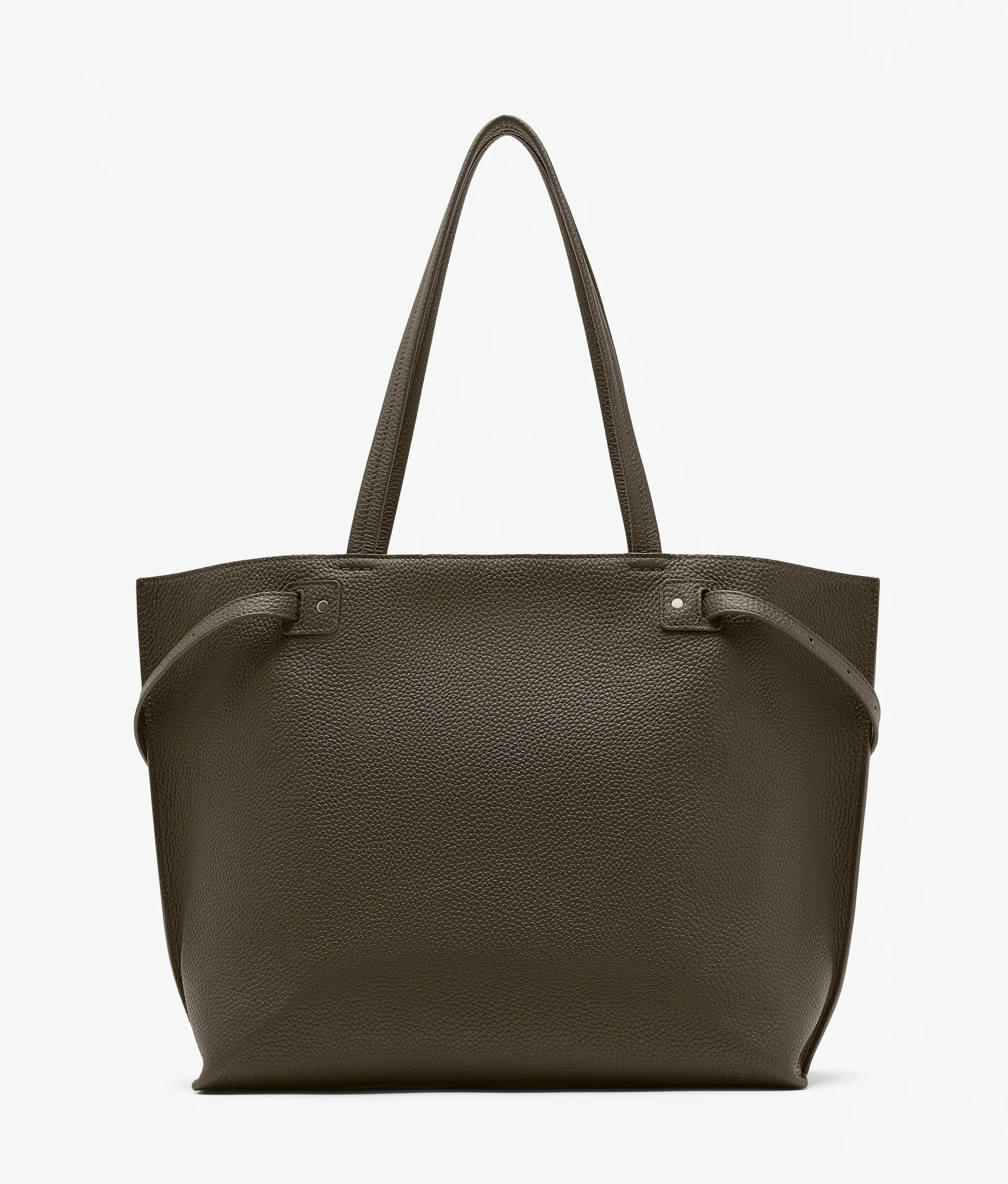 The Proenza Schouler Days Pebbled Calf Skin Tote is a spacious, dark brown bag with two handles, displayed against a plain white background.