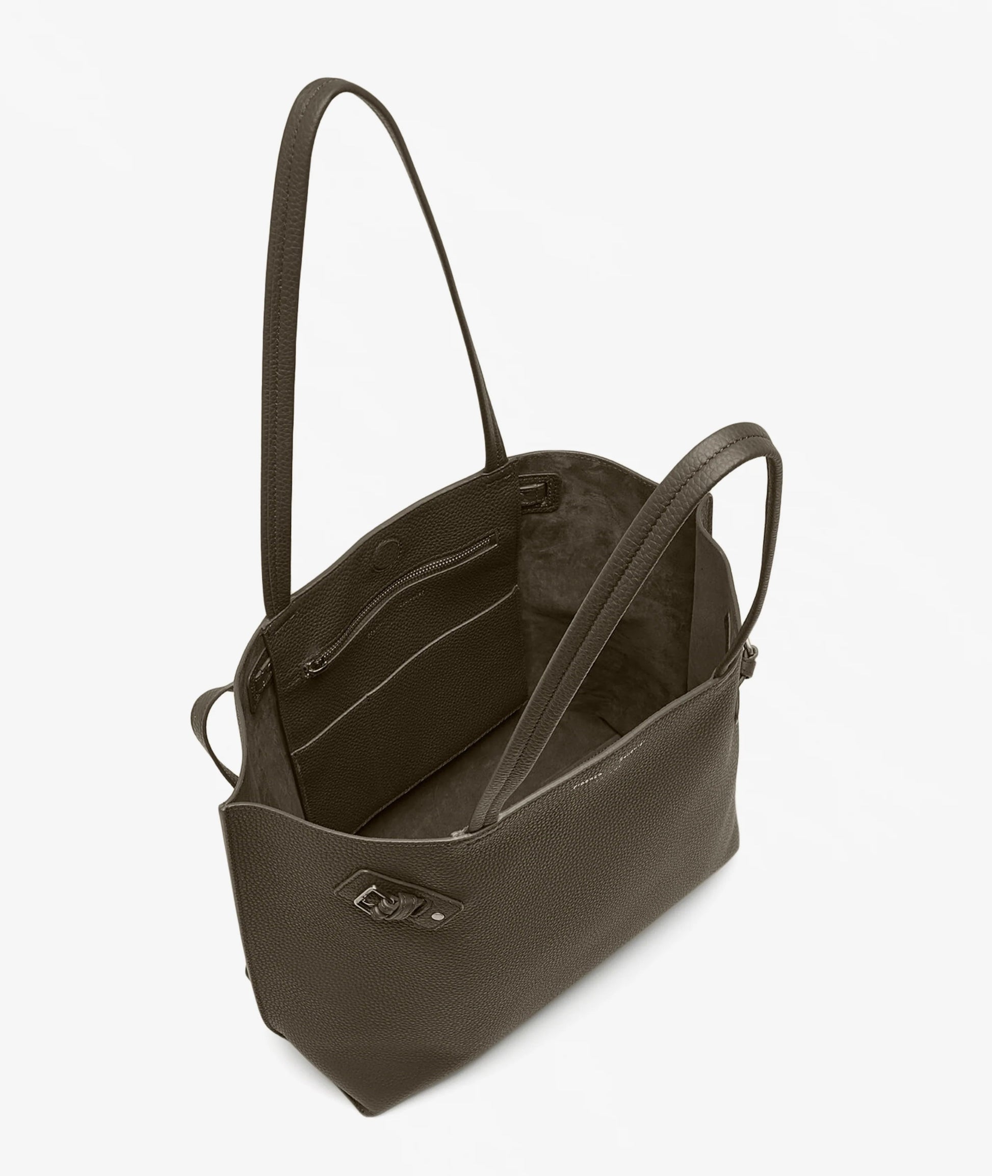 The Days Pebbled Calf Skin Tote by Proenza Schouler is a dark gray calfskin bag with two handles, an open top, inner pockets, and a suede-like interior, shown against a white background.