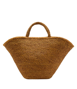 The Proenza Schouler Large Chelsea Natural Raffia Tote, featuring short handles and a wide brim, is displayed against a white background.