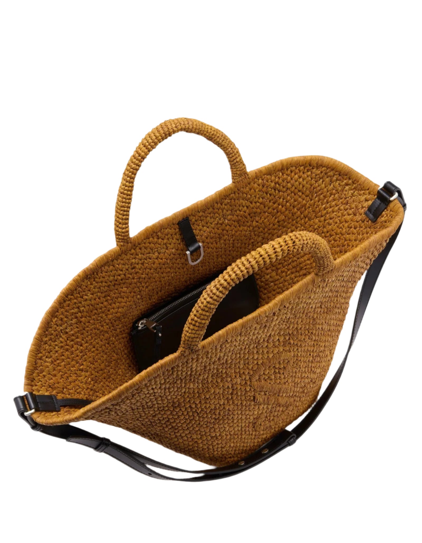 The Proenza Schouler Large Chelsea Natural Raffia Tote features short handles, a long leather shoulder strap, and an interior black zippered pouch.
