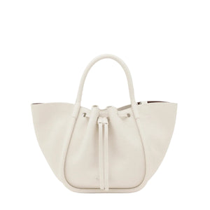 The Proenza Schouler Small Ruched Soft Pebbled Calf Tote is a white leather bucket bag with a sculptural silhouette, two handles, and a ruched drawstring top, shown against a plain white background.